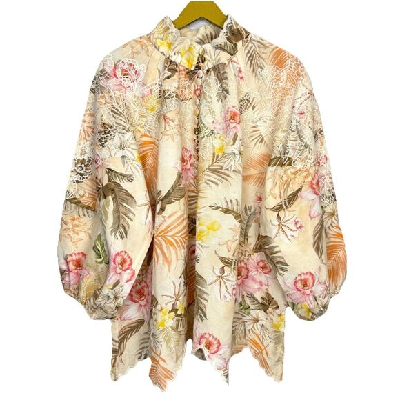Boston Proper Floral Embroidered Button Up Linen Tunic Blouse Size M Ipanema - Picture 1 of 10